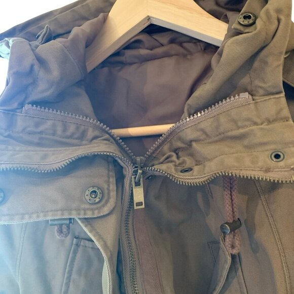 Olive Green Hooded Chore Barn Jacket LG Pockets Snaps 2 Zippers Draw String S-M - Picture 9 of 16